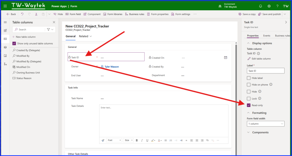 Form Task ID Read-Only