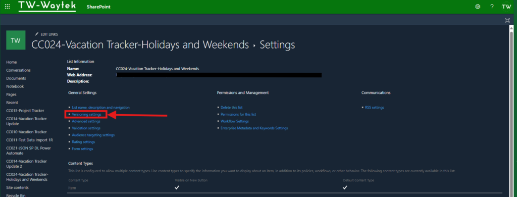 Select Versioning Settings