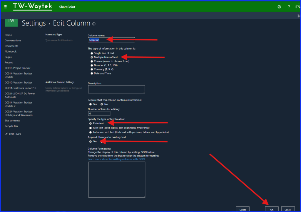 Setup New Column Details