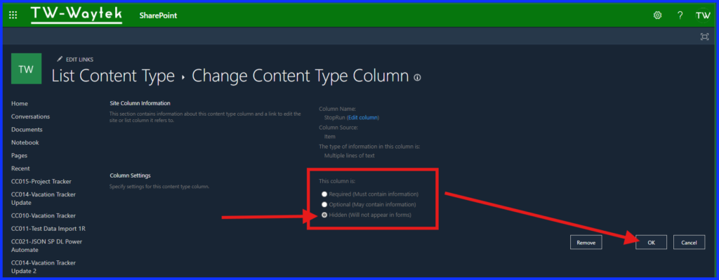 Select StopRun as Hidden Column