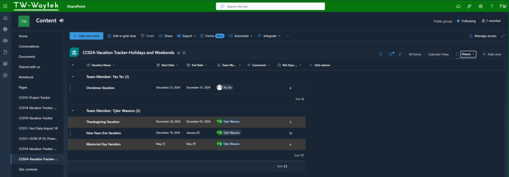 SharePoint List Hours View